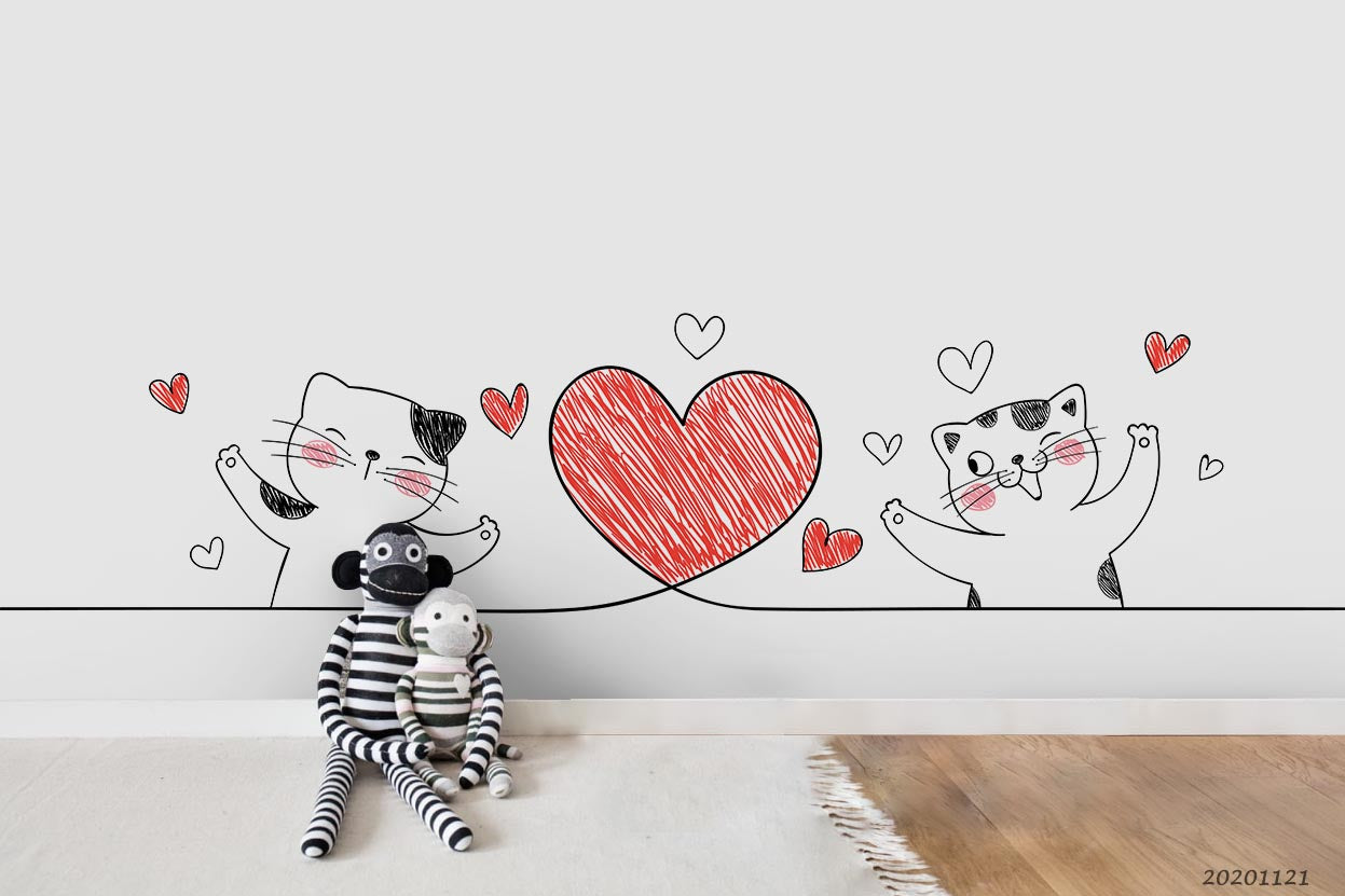 3D Cartoon Hand Drawn Cat Animal Heart Wall Mural Wallpaper Lxl