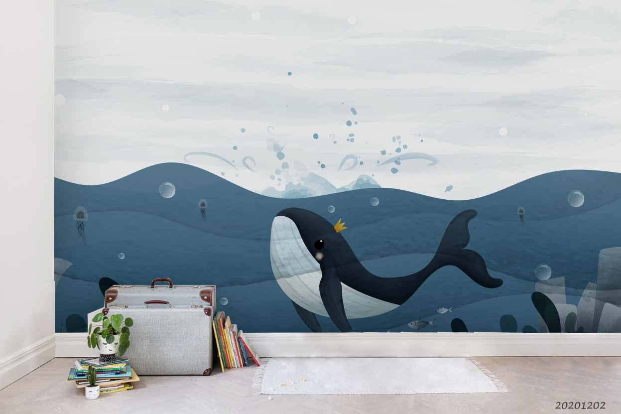 3D Hand Drawn Deep Ocean Whale Bubble Wall Mural Wallpaper Lxl