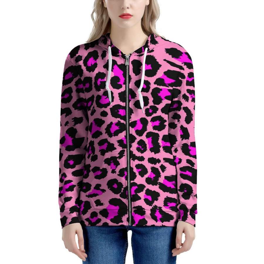 Pink Cheetah Leopard Women’s Zip Up Hoodie