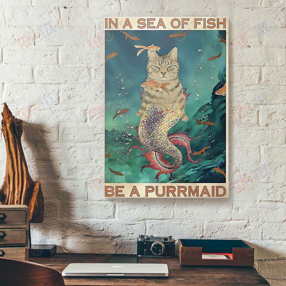 Canvas Artwork In A Sea Of Fish Be A Purrmaid Cat Painting Vertical Canvas Wall Art Home Decor