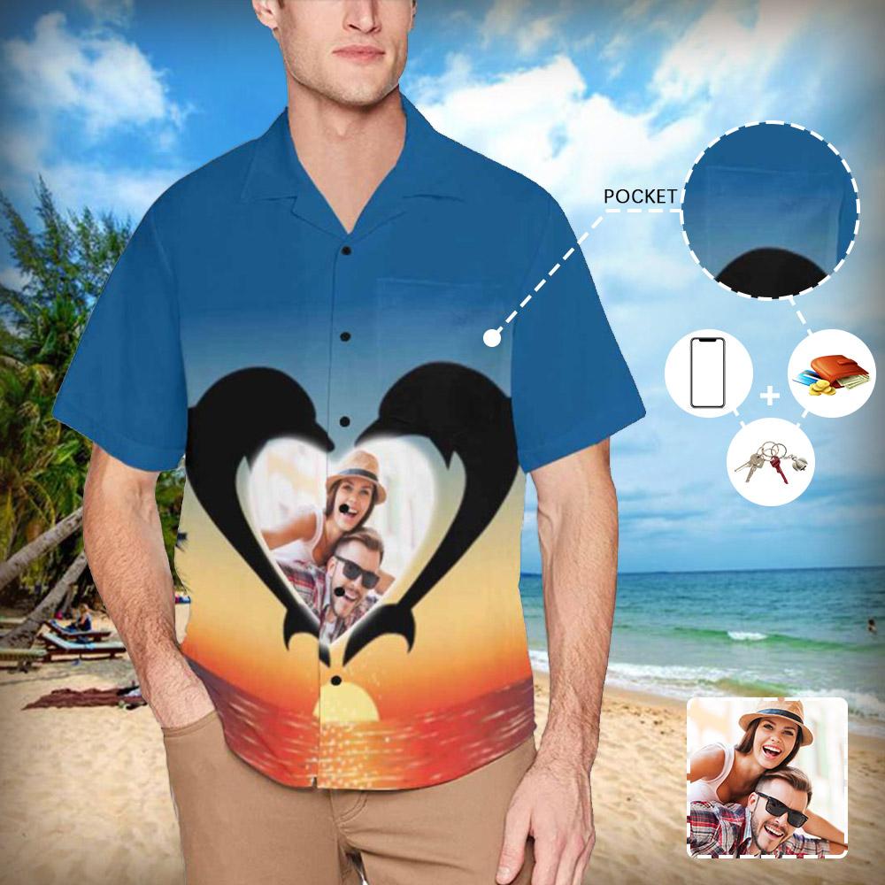 Custom Photo Love Dolphin Men’S All Over Print Hawaiian Shirt With Chest Pocket