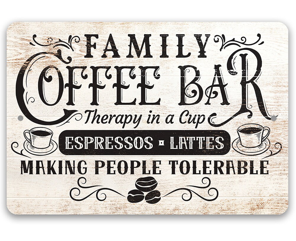 Family Coffee Bar – Therapy in a Cup-Coffee Station Decor or Cafe Accessories, Kitchen Dining Art, Coffee Gift, Indoor or Outdoor Metal Sign