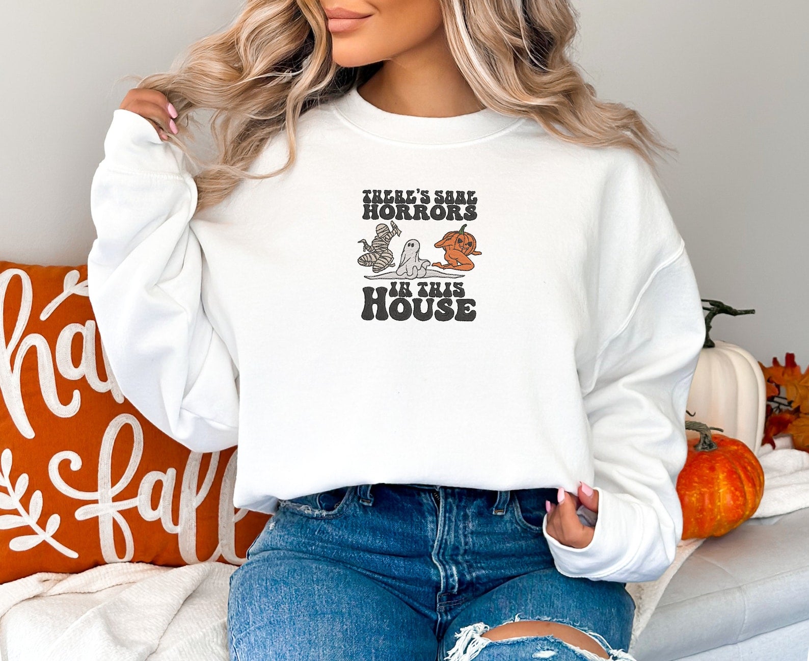 Embroidered Horrors In This House Sweatshirt 2D Crewneck Sweatshirt All Over Print Sweatshirt For Women Sweatshirt For Men Sws2467