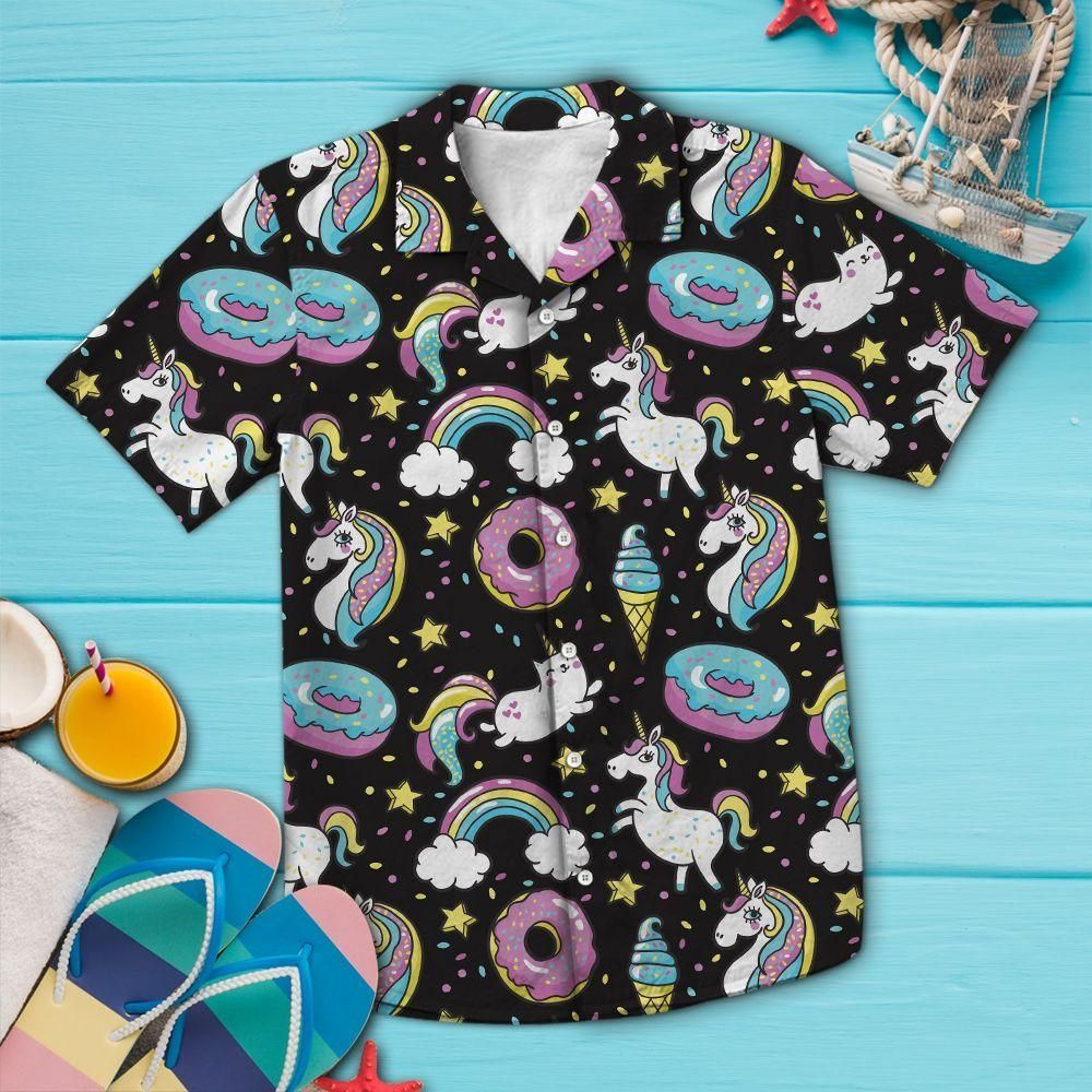 Unicorns Donuts Rainbow Aloha Hawaiian Shirt Colorful Short Sleeve Summer Beach Casual Shirt For Men And Women