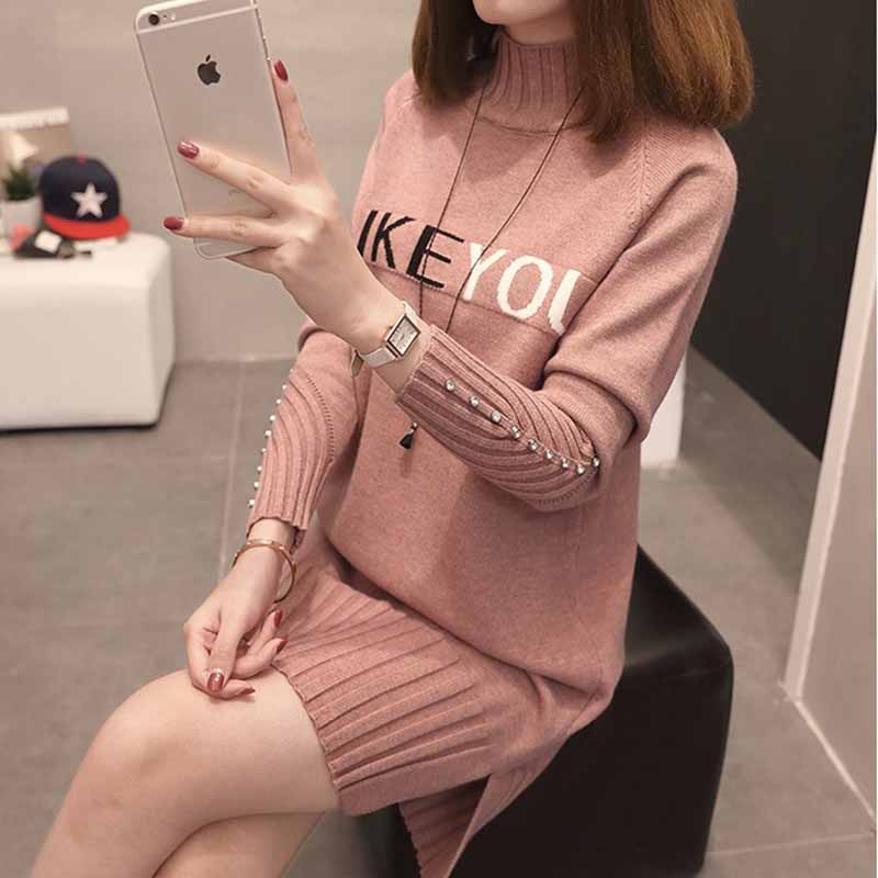 Autumn Winter Long Knit Sweater Pullover Women Half Turtleneck Long-sleeve Bead Loose Femmes Thicken Jumper Sweaters Female alx