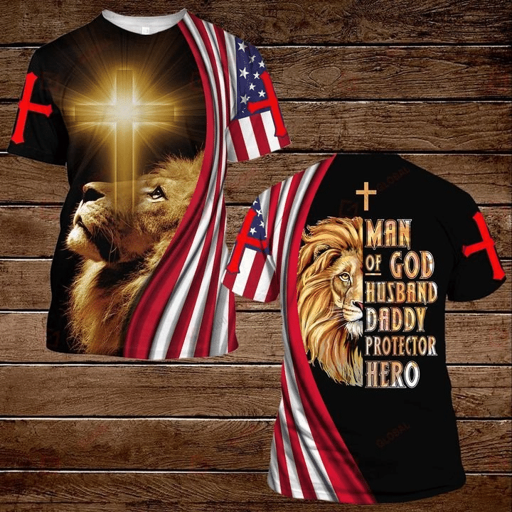 Unifinz Father Day God Shirt Man Of God Husband Daddy Protector Hero Lion Cross T-Shirt Father Day God Hoodie Father’S Day Gift 2022