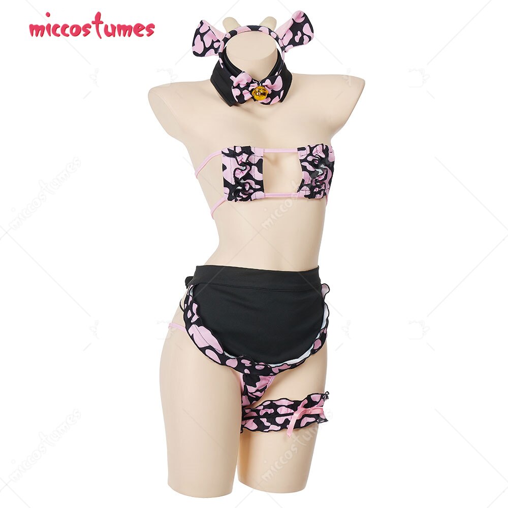 Woman Sexy Japanese Style Cow Patterns Lingerie Set Three-Point Bikini Maid Apron Sleepwear Lingerie with Headdress+ Stockings alx