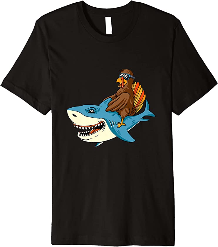 Turkey Riding Shark Thanksgiving Day Cool Animal Fall Autumn Premium T-Shirt