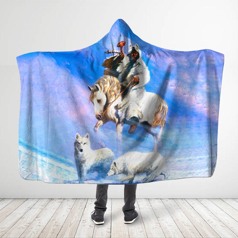 Native American – Aboriginine With Horse Wolf – Hooded Blanket