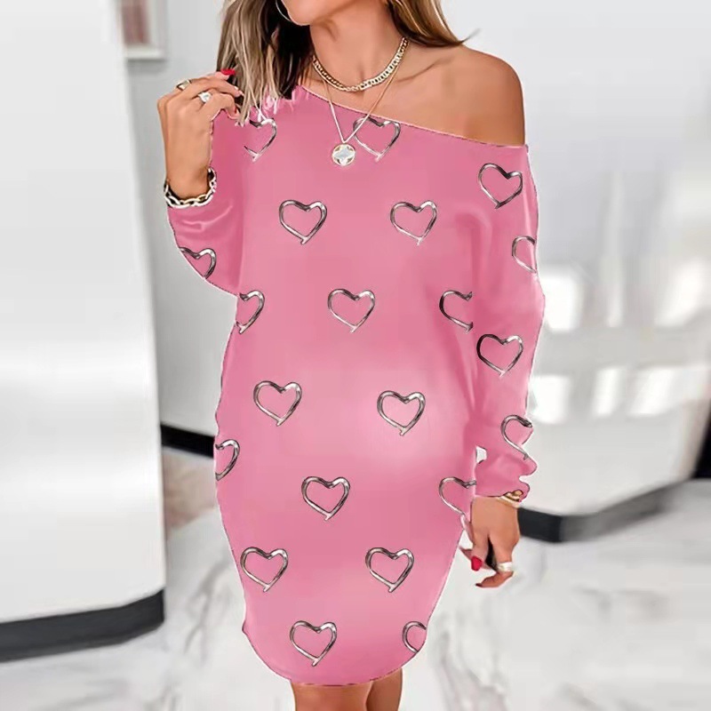 Vintage Dress Women’s Fashion Love Printing Long Sleeve Off Shoulder Casual Midi Dress Robe Sukienki Damskie Z Dlugim Rekawem alx