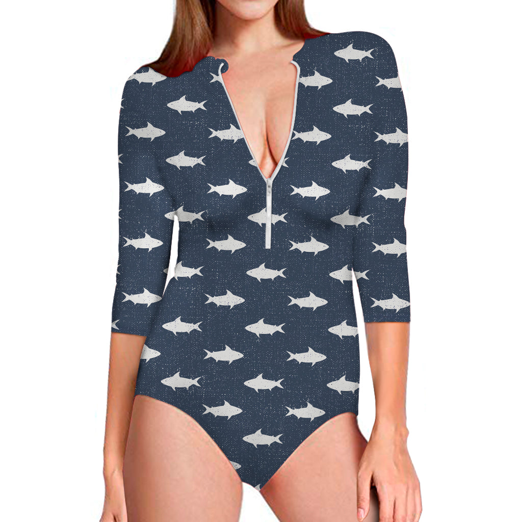 Shark Fish Pattern Print Long Sleeve One Piece Swimsuit