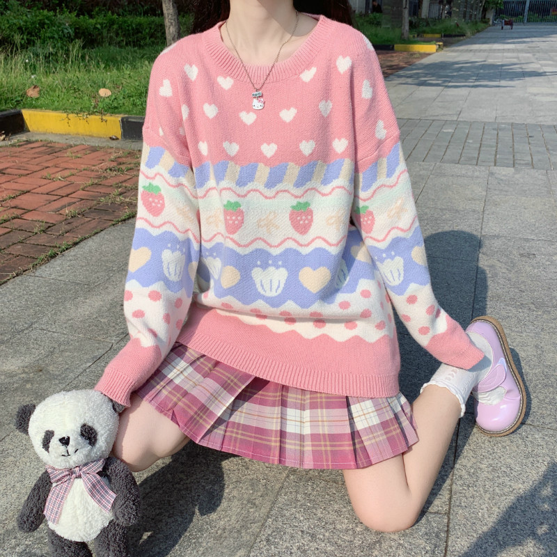 Women Sweet Print Knitted Lolita Sweater Japanese Cute Strawberry Loose Pullover O Neck Casual Sweatshirt Girls Harajuku Clothes alx