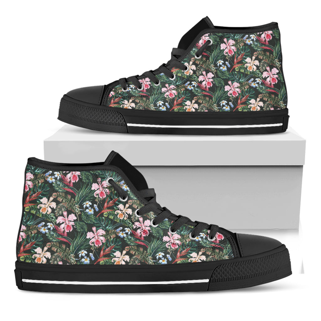 Vintage Tropical Exotic Hawaiian Print Black High Top Shoes