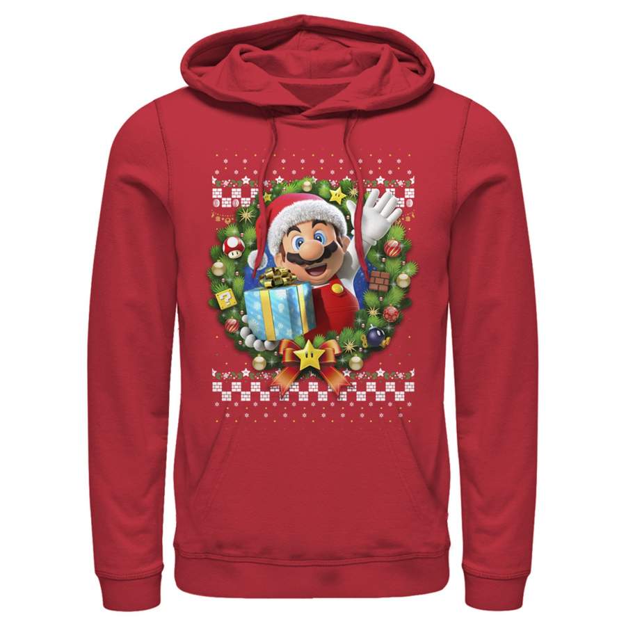 Nintendo Men’s Ugly Christmas Mario Wreath  Lightweight Hoodie