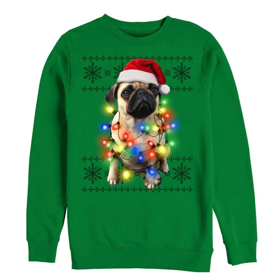 Lost Gods Women’S Ugly Christmas Pug Lights  Sweatshirt Kelly Green