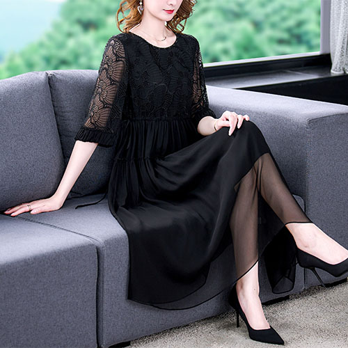 Black Natural Silk Embroidery Hollow Out Sexy Midi Dress 2022 Summer Fashion Elegant Bodycon Dress Women Korean Hepburn Dresses alx