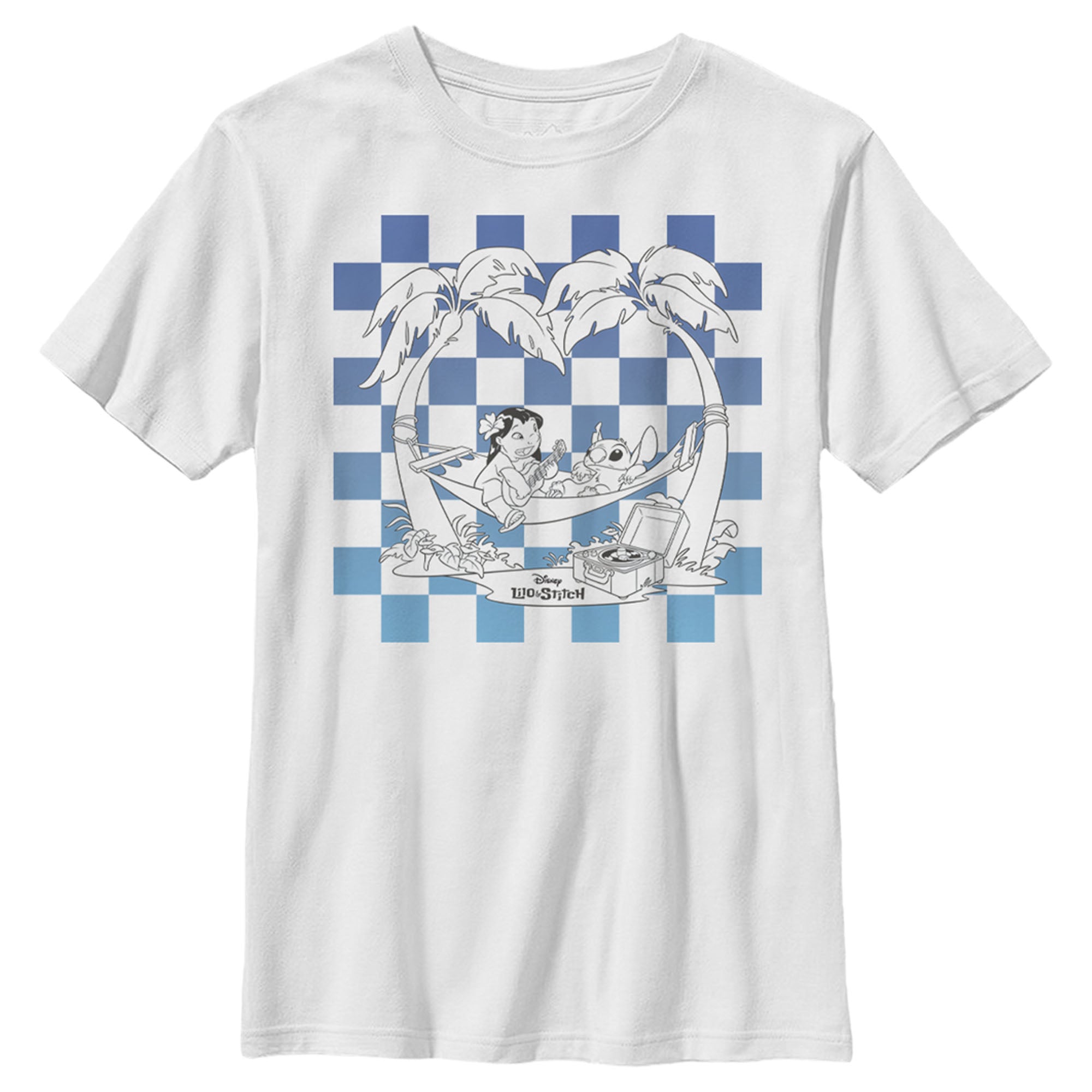 Boy’S Lilo & Stitch Blue Checkered Palm Trees T-Shirt