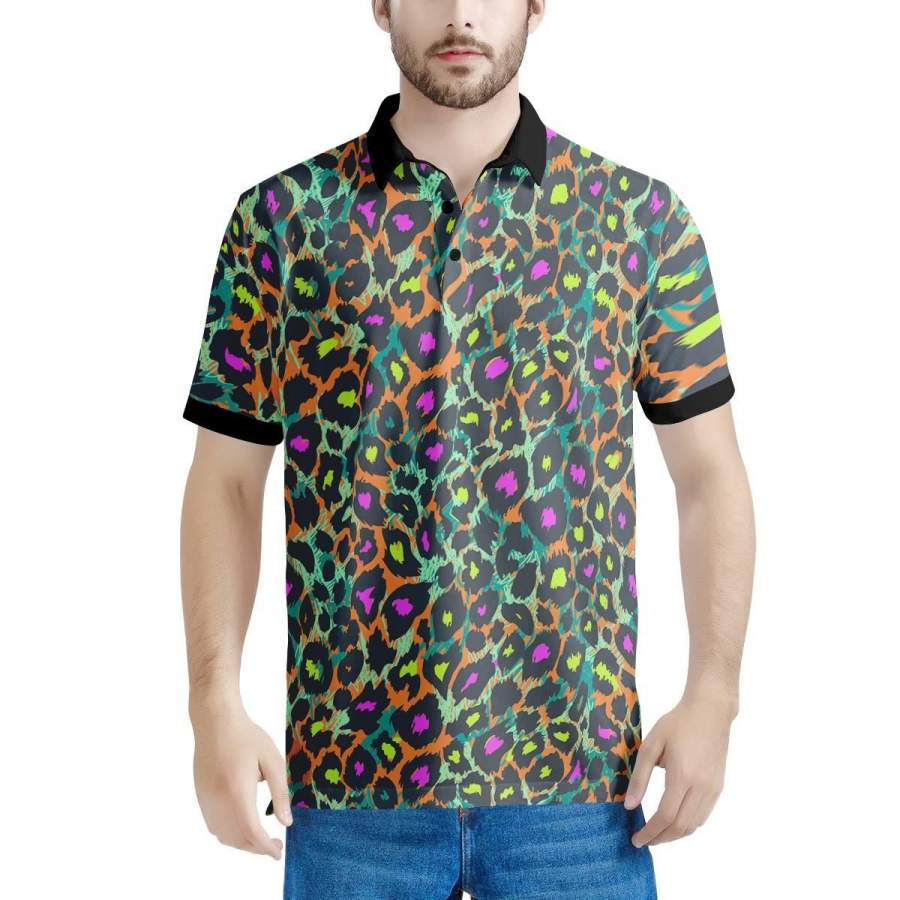 Colorful Neon Leopard Men’s Polo Shirts