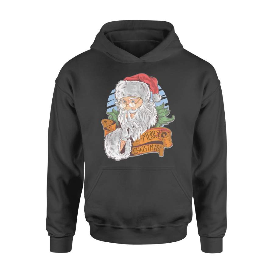Christmas Gift Idea Santa Claus Wears Glasses And Places His Finger On His Lips In A Silent Expression – Standard Hoodie