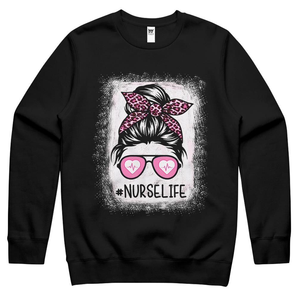 Nurse Life Bleached Shirts Pink Leopard Messy Bun Nurse Life Crewneck Sweatshirt