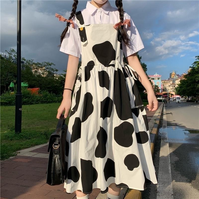 Women’s Kawaii Cow Print Dress Lolita Milk Cute Sundress Japanese Harajuku Style Cute Kawaii Lolita Dress Outfit Mori Girl alx