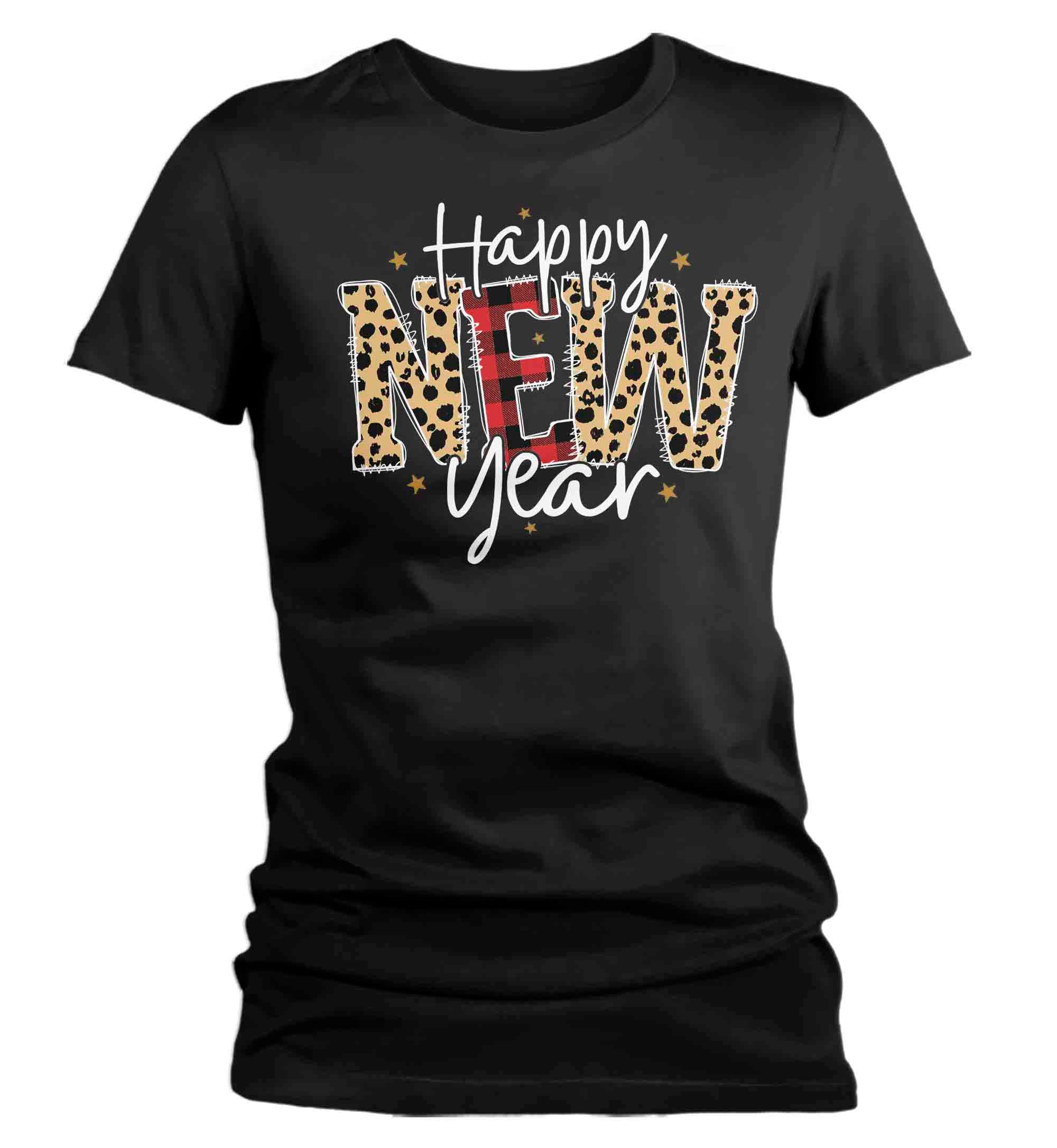 Women’S New Year’S Tee Happy New Year Shirt T Shirt Leopard Shirts Party New Year Eve Celebrate Grunge Plaid Ladies Graphic Tee