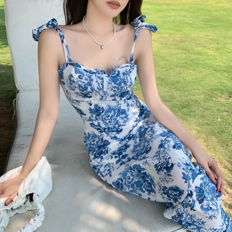 Summer French Vintage Floral Women Dress Midi Sleeveless Backless Y2K Fashion Blue Boho Party Bodycon Dress Club Casual Sundress alx