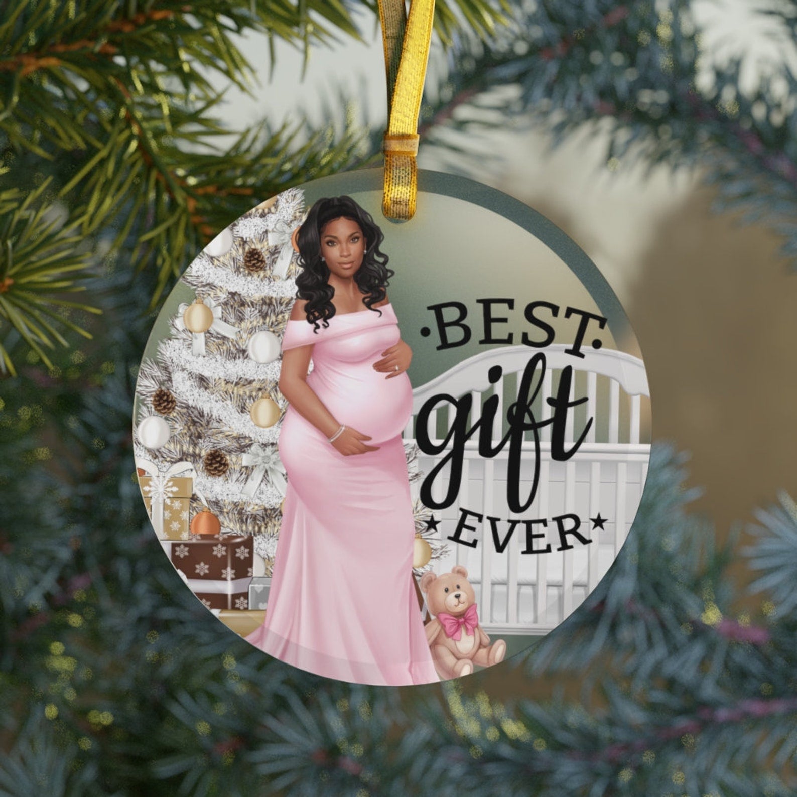 Pregnancy Black Girl Christmasblack Mompregnant Pregnancy Announcementblack Baby Showerbest Gift Ever Pink Christmas Ornament