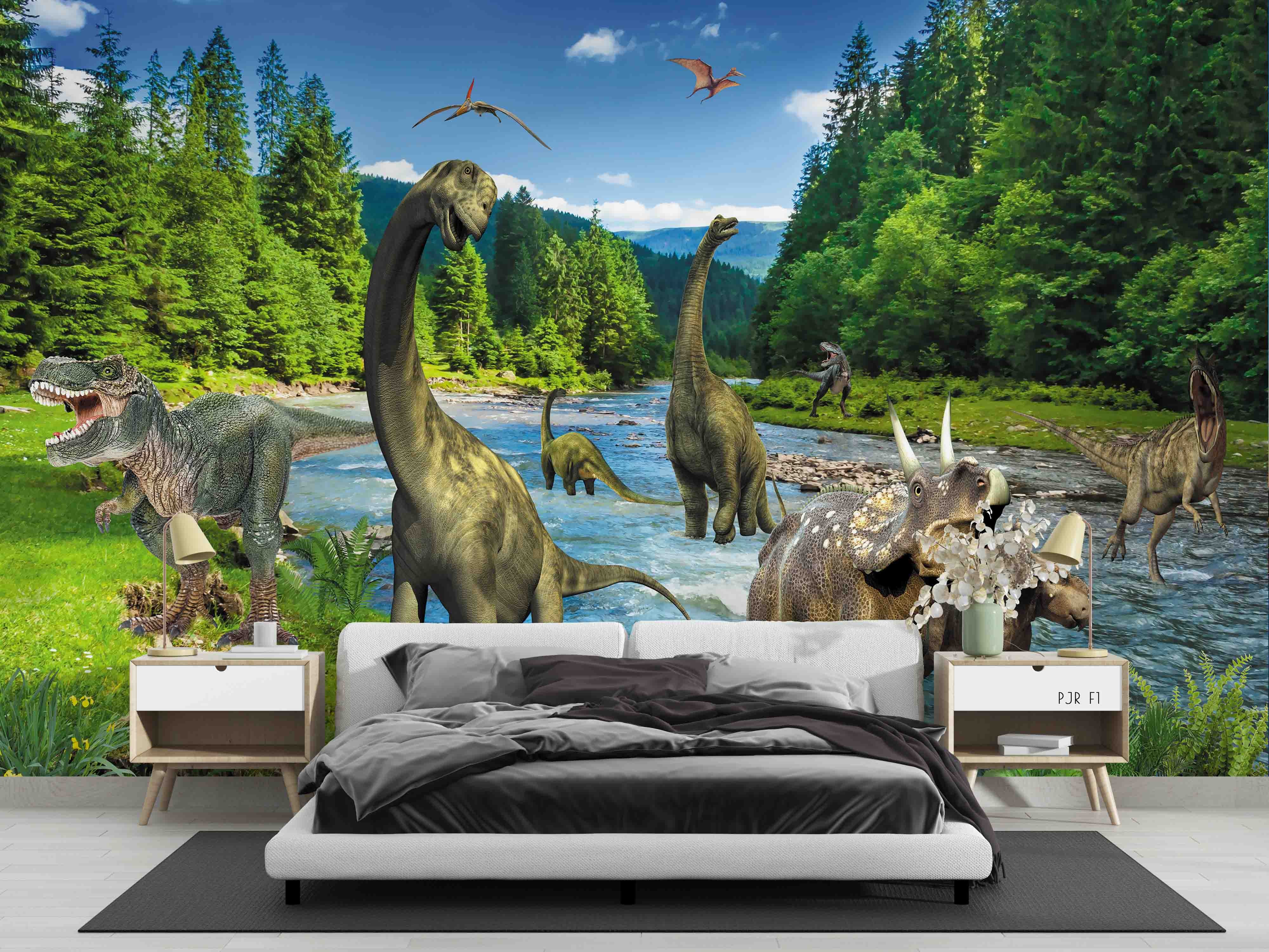 3D Medieval Dinosaur Tropical Forest River Meadow Wall Mural Wallpaper Gd 1847