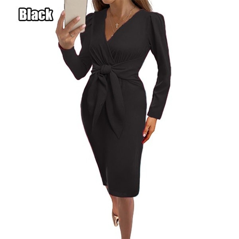 Women Autumn and Winter Women Long Sleeve Pullover Dress V Neck Solid Color High Waist Midi Dress Bodycon Package Hip Skirt alx