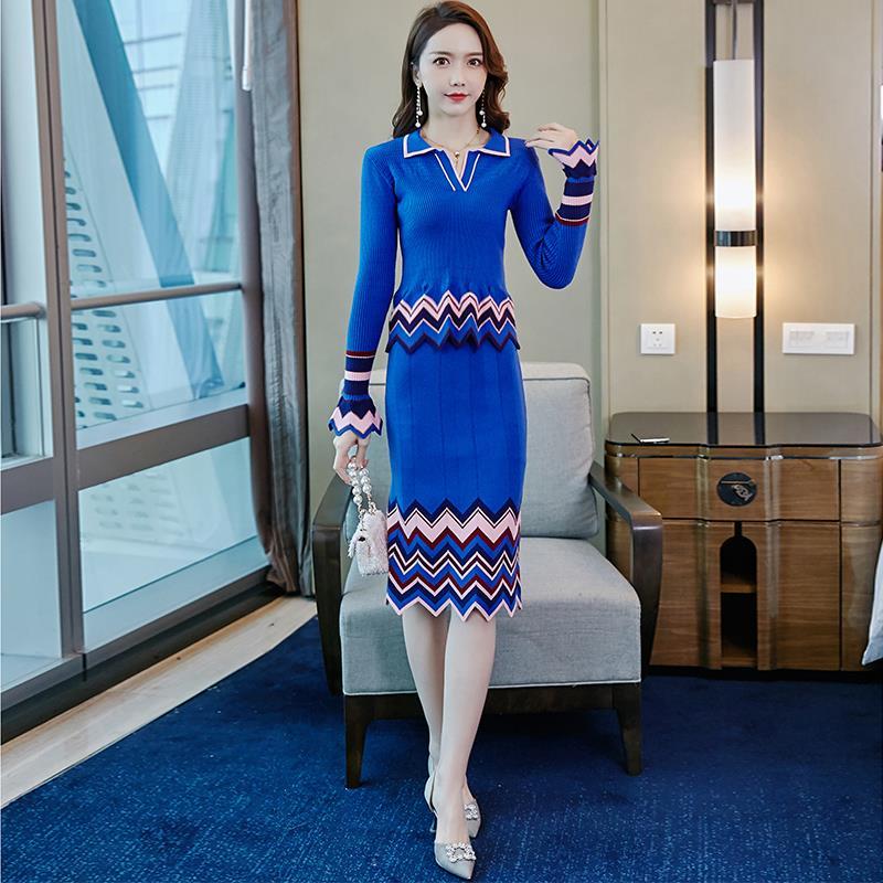 Women 2021 Autumn Winter New 2 Piece Sets Female Patchwork Sweater Tops + Slim Package Hip Skirts Ladies Knitted Suits E841 alx