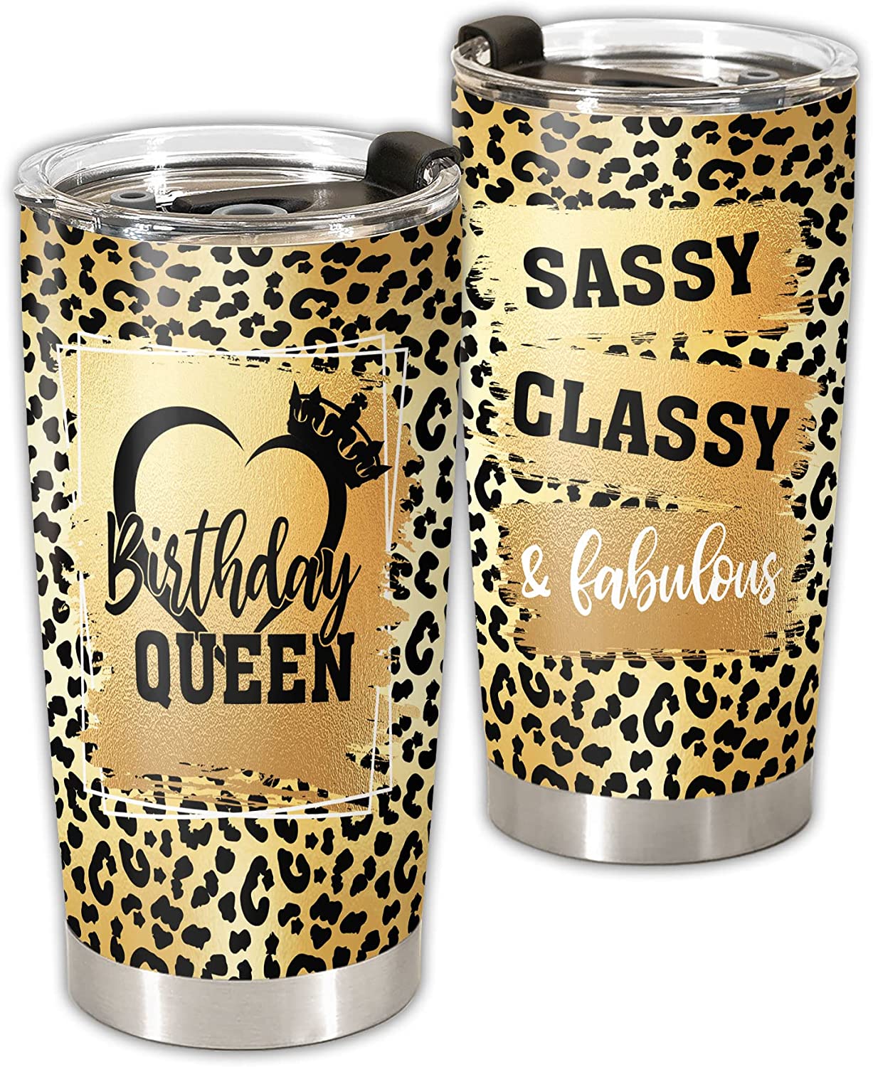 Birthday Queen Tumbler Lid – Sassy Classy & Fabulous Crown Gold Glitter & Leopard Cheetah Insulated Travel Mug – Gift For Her Wife Besties Sister Daughter On Birthday Mothers Day