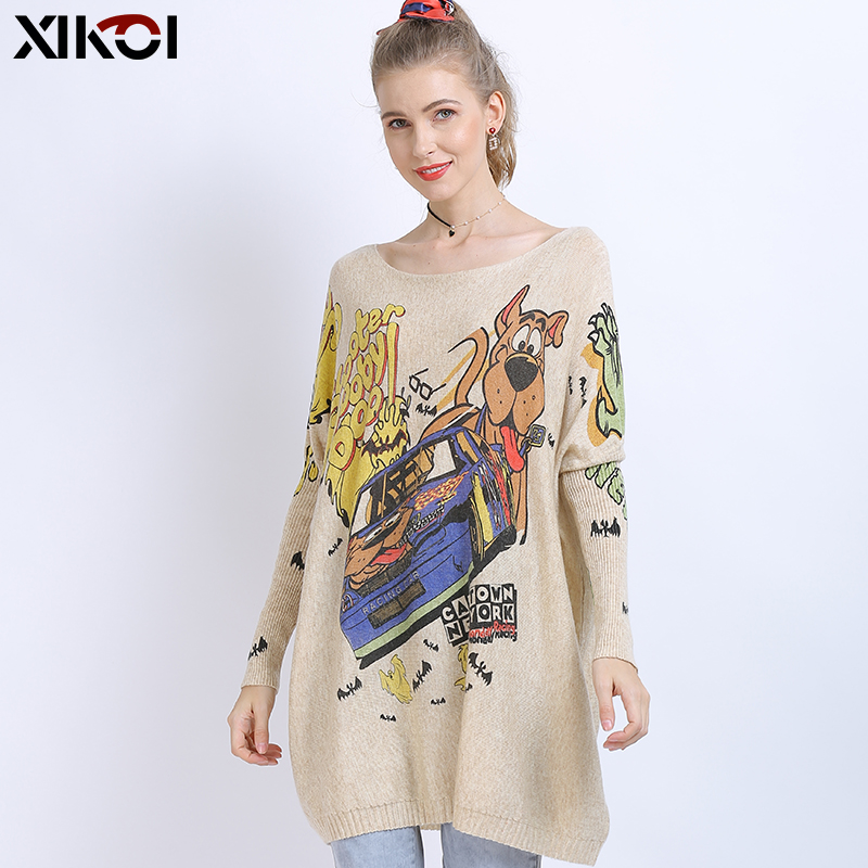 XIKOI Wool Oversized Sweaters For Women Winter Long Pullover Dresses Naughty Dog Print Jumper Casual Knitted Sweaters Pull Femme alx