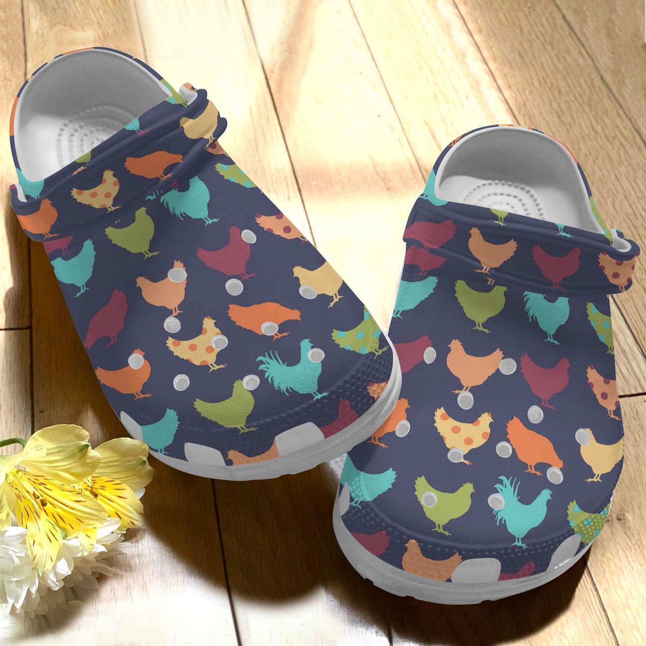 Chicken Personalize Clog, Custom Name, Text, Fashion Style For Women, Men, Kid, Print 3D Whitesole Chicken Pattern (6 Colors)