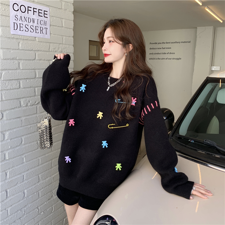 Black White Winter Knitted Crewneck Pullover Sweater Women Long Sleeve Korean Fashion Style Oversized Cute Bear Sweater Women alx