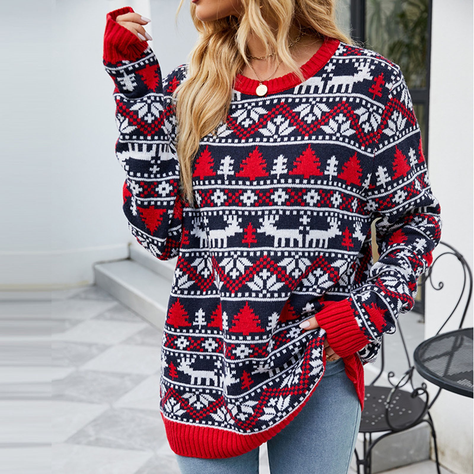 Women’s Christmas Deer Sweater Loose Round Neck Long Sleeve Knitwear Autumn Winter Top alx