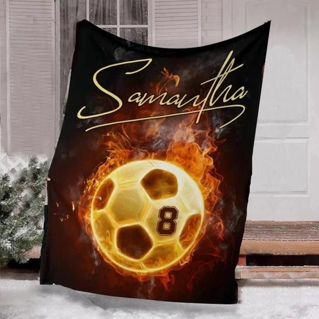 [Personalized Name & Number] Flame Soccer Fleece Blanket, Sherpa Blanket, Gift For Family Member, Friends Gift, Christmas Gift, Home Decor, Home Living