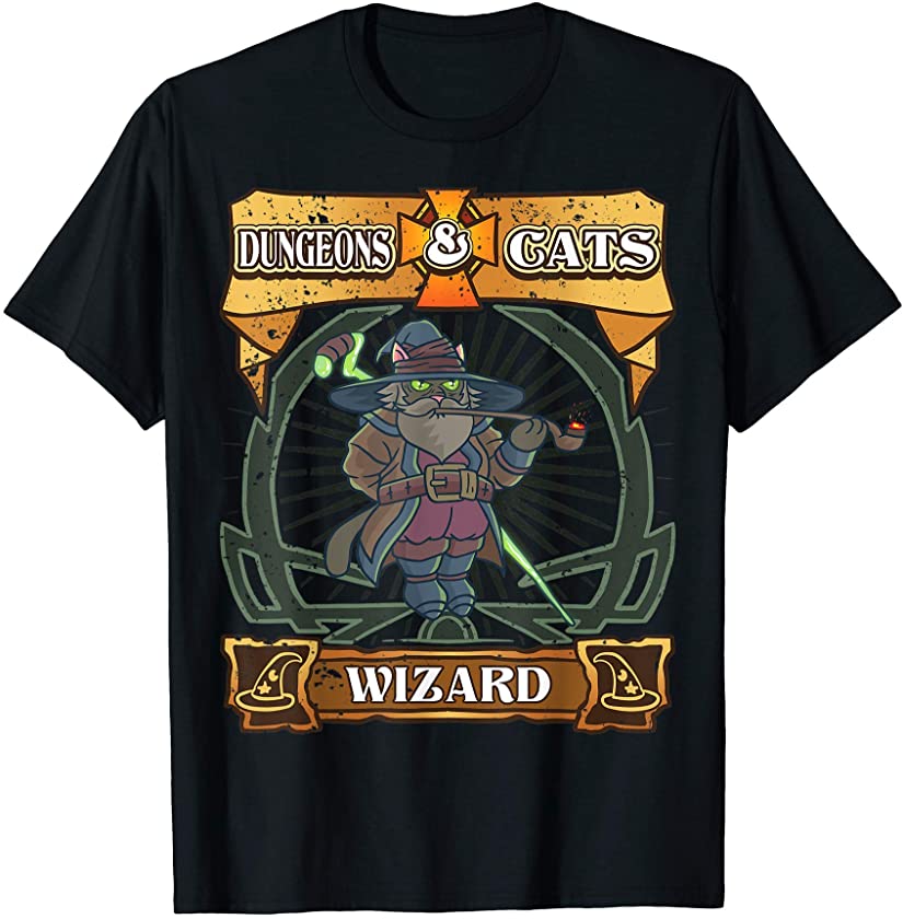 Dungeons and Cats Wizard Kitten Cat D20 Dice RPG Game Gamer T-Shirt