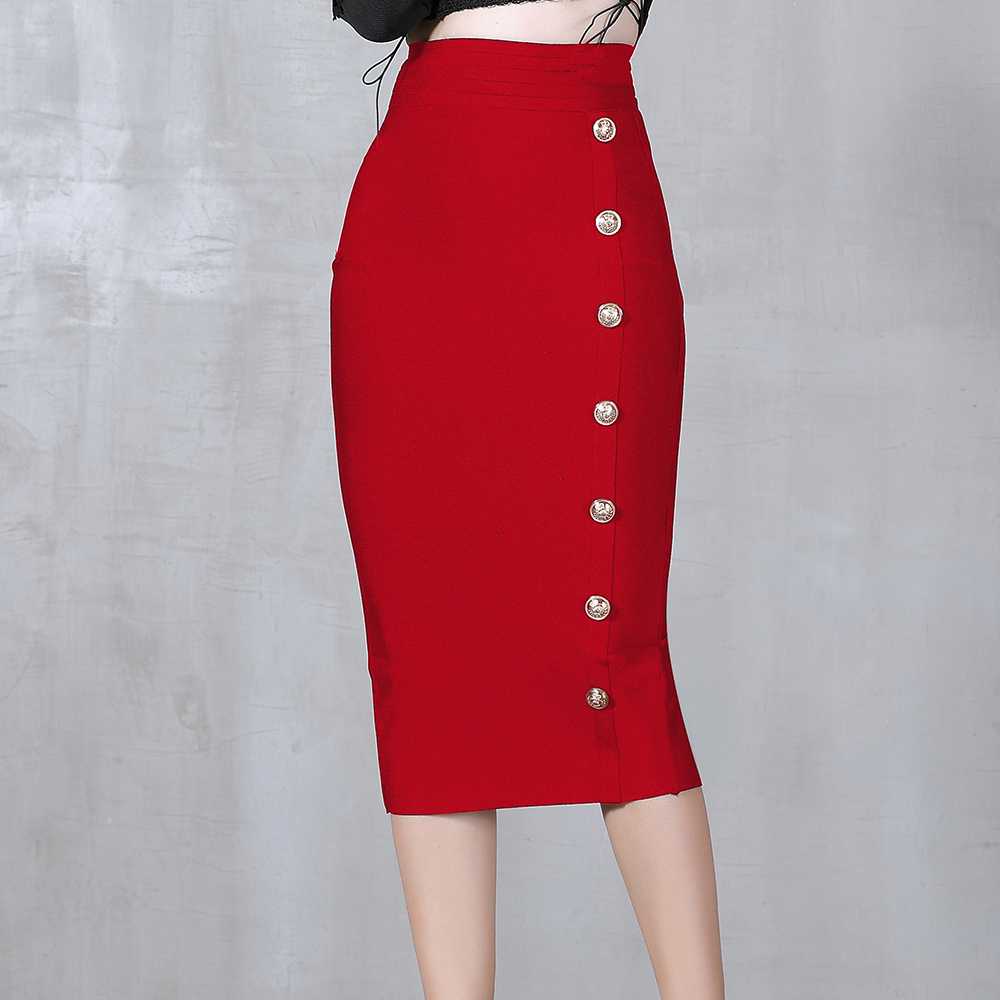 2021 Summer Elegant Midi Pencil Skirt High Waist Bandgae Skirt Black Elastic Bandage Skirts Button Women Clothes alx