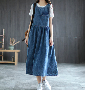 2021 Summer Tank Sleeveless Dress Women Retro Jeans Vestidos Mujer Loose Ladies New O-Neck Casual Pocket Denim Dresses Pleated alx