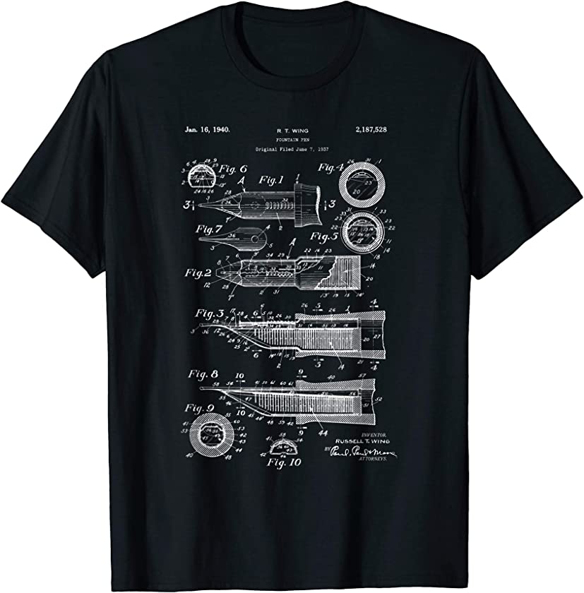 Vintage Patent Drawing Fountain Pen Tee T-shirt