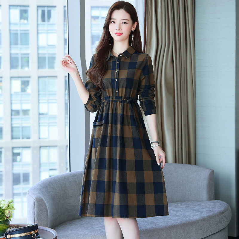 Vintage Cotton Plaid Shirt Dress Women Spring Autumn Long-Sleeved Bandage Loose Casual Midi Dress Elegant Ladies Work Vestidos alx