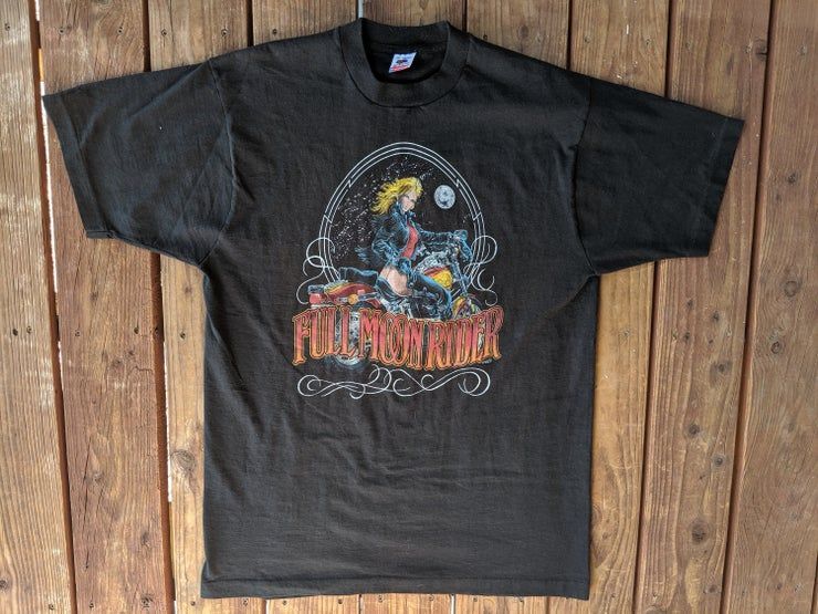 Vintage 1990 3D Emblem Esque Full Moon Rider Biker Chick Shirt