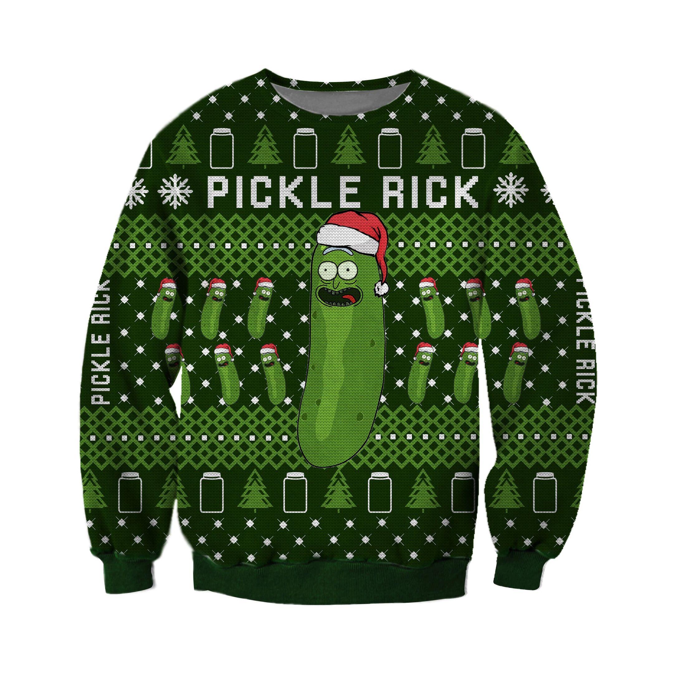 Unifinz Rick And Morty Christmas Sweater Pickle Rick Christmas Tree Pattern Green Ugly Sweater 2022