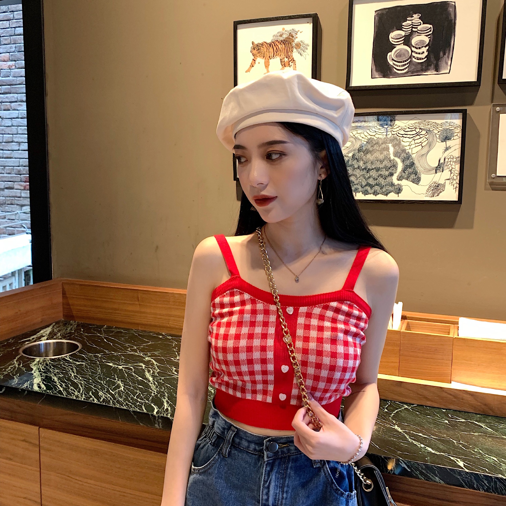 Vest Women Plaid Crop Tops Buttons Camis Knitting Cute Tank Tops Ladies Sleeveless Solid Crop Tops Women 2021 Summer alx