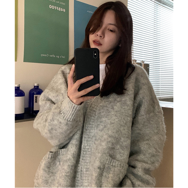 Winter Women Clothing Solid Grey Sweater Lazy Wind New Korean Fashion Retro Loose Outerwear Cardigan Long Sleeves Knitting Tops alx