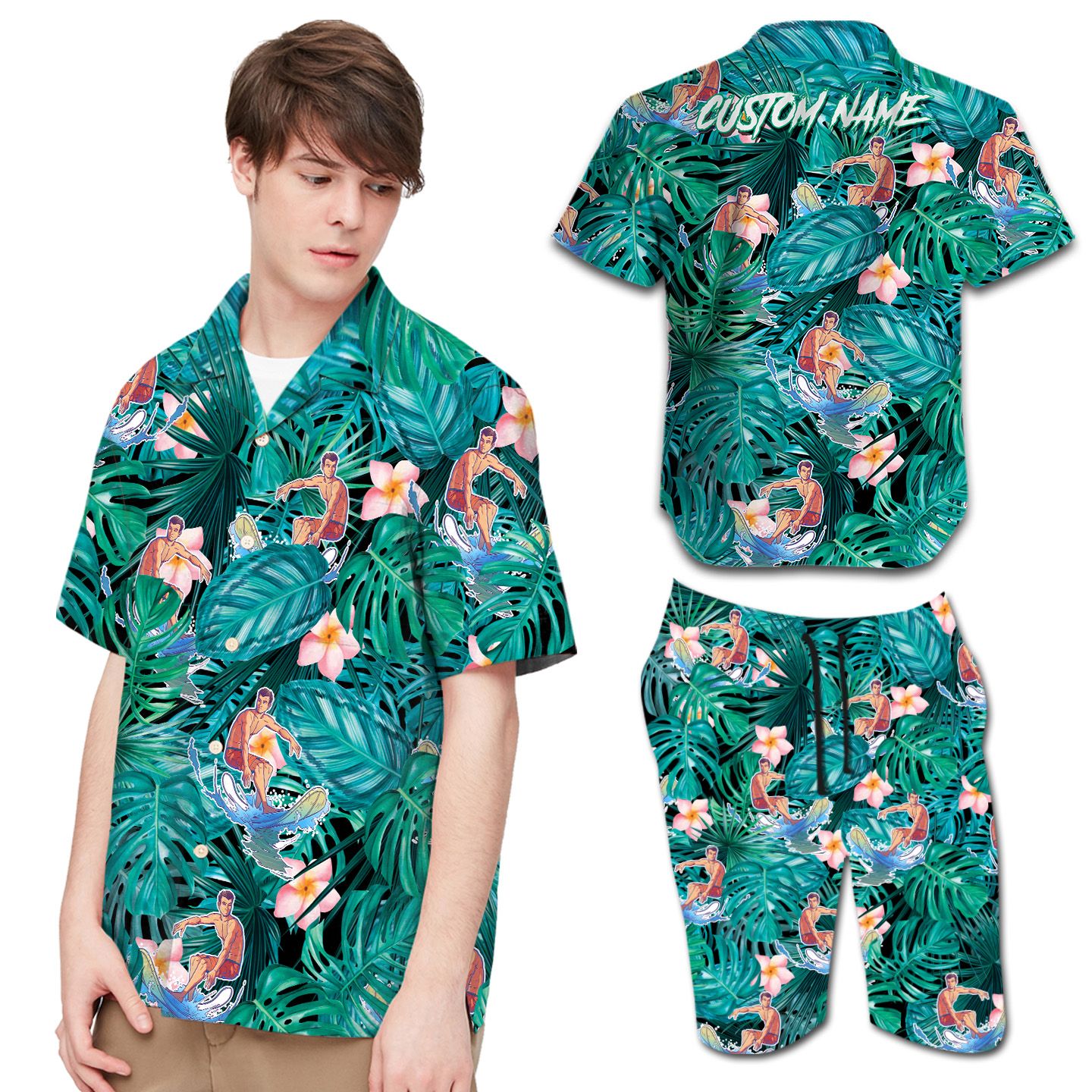 Surfing Plumeria Tropical Leaves Custom Name Hawaii Shirt For Men In Daily Life Ha19034