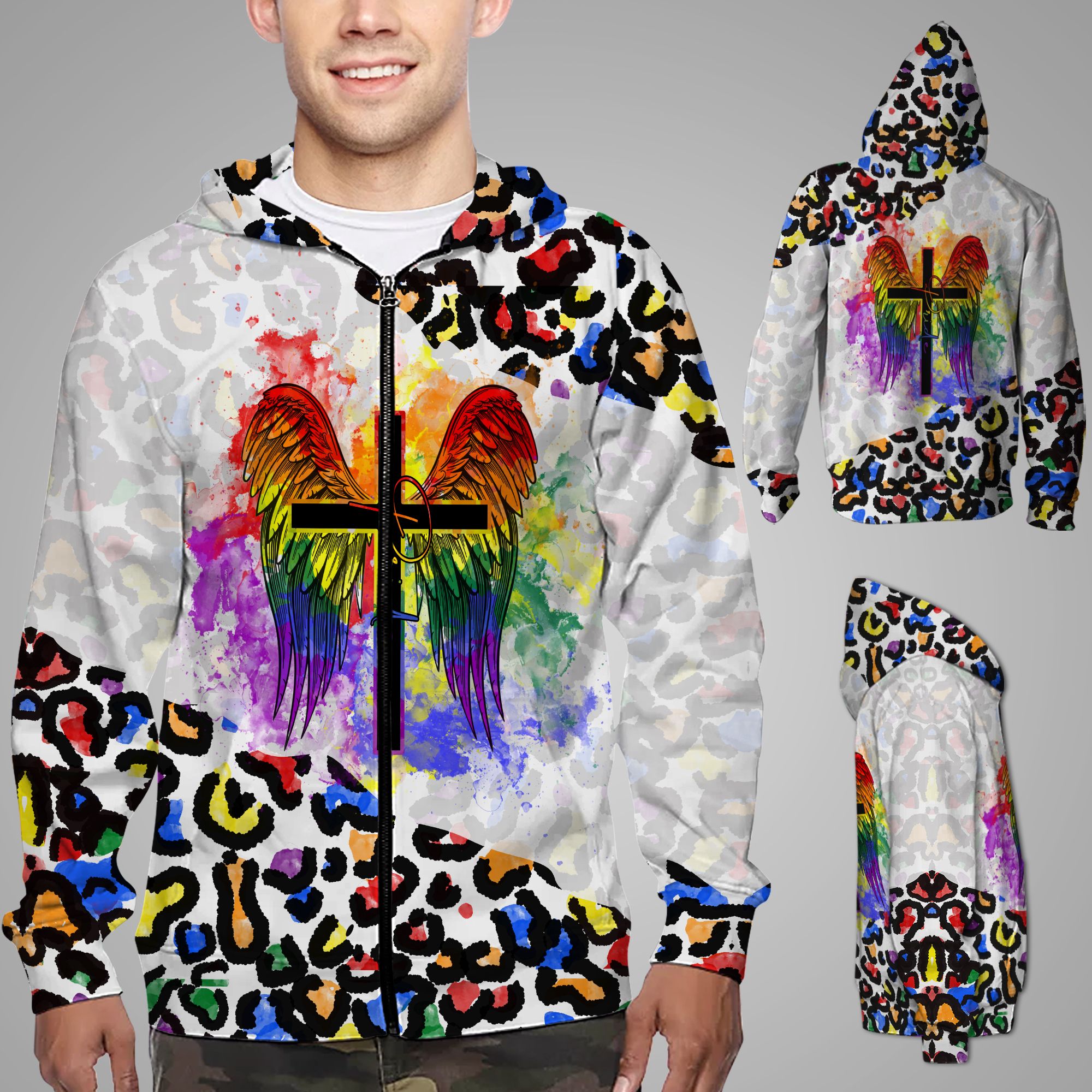 Colorful Leopard With The Cross And Wings 3D Zip Hoodie Shirt For LGBTQ+ Community