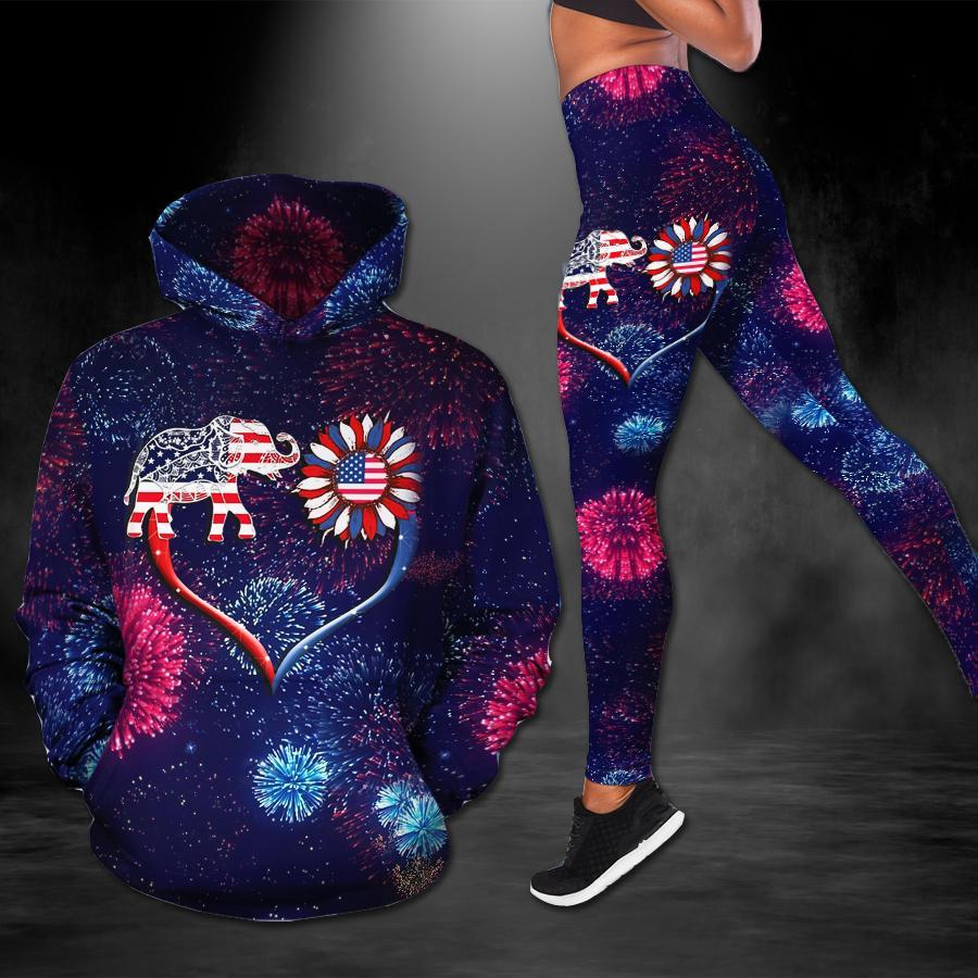 Elephant Us Flag All Over Print Leggings Hoodie Set Outfit For Women | Hts2119