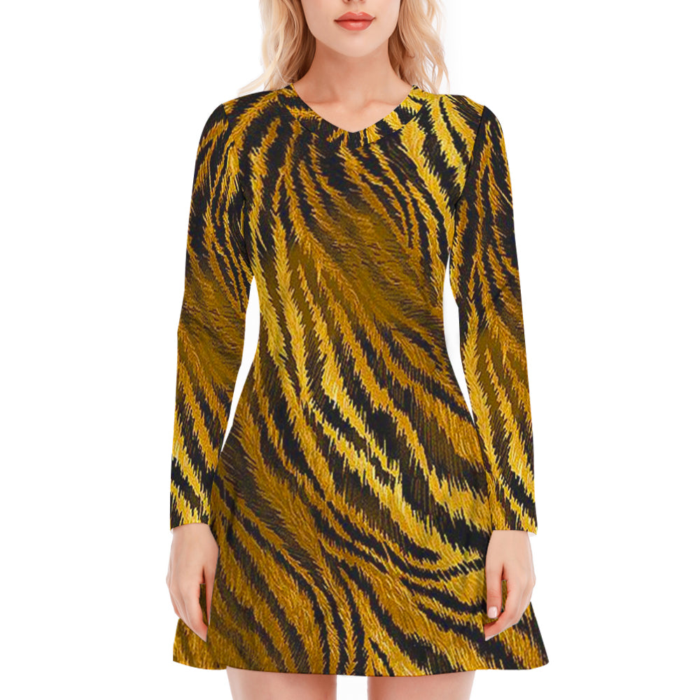 Tiger Skin Print V-Neck Long Sleeve Dress